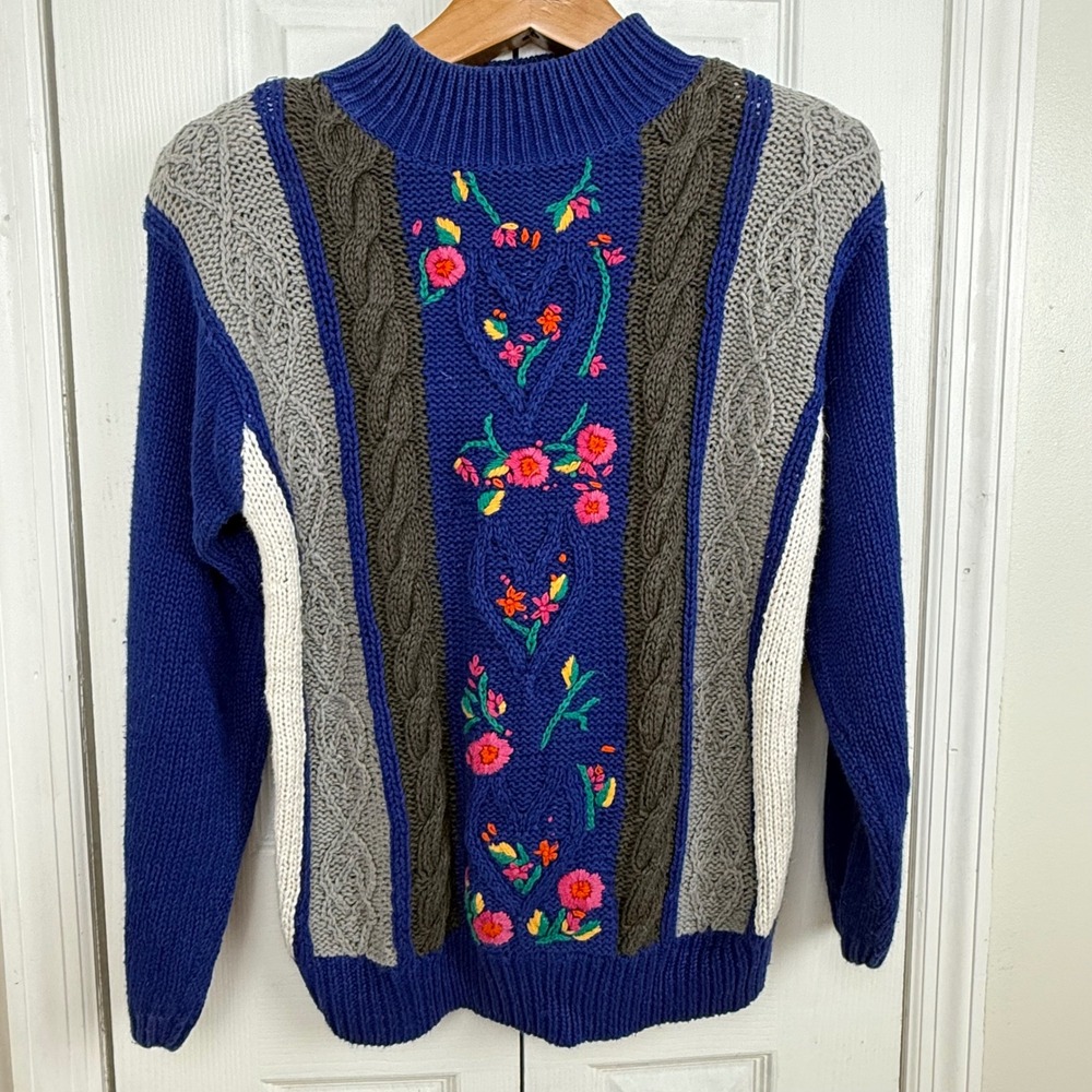 PS Sport Vintage 90s Cable Knit Floral Embroidered Sweater Blue Gray‎ Ramie Lg P